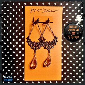 Betsey Johnson Bat Drop Earrings Crystal Dangling Lever Back Black Halloween